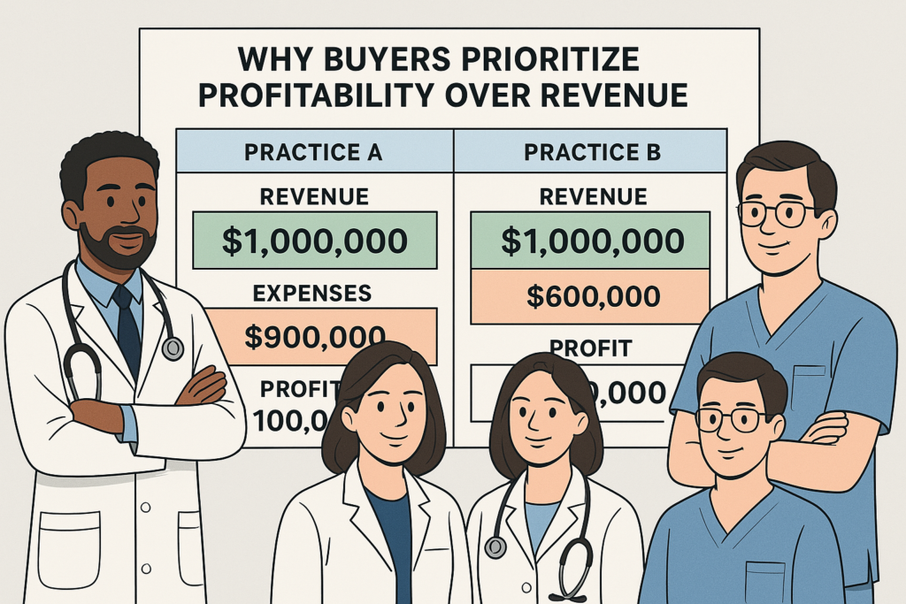 A side-by-side chart comparing two medical practices. Both show the same revenue, but one has significantly higher profit margins. It highlights why buyers prioritize profitability over revenue 
