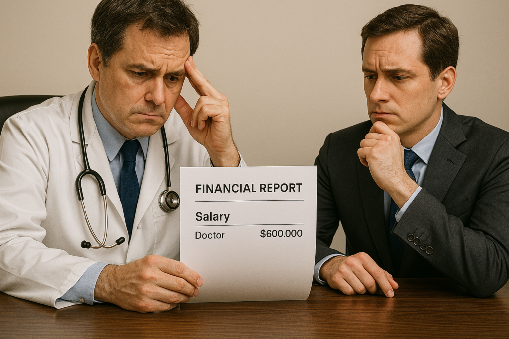 A financial report on a doctor’s desk shows an unusually high salary. Across from him, a buyer hesitates, questioning the profitability of the practice