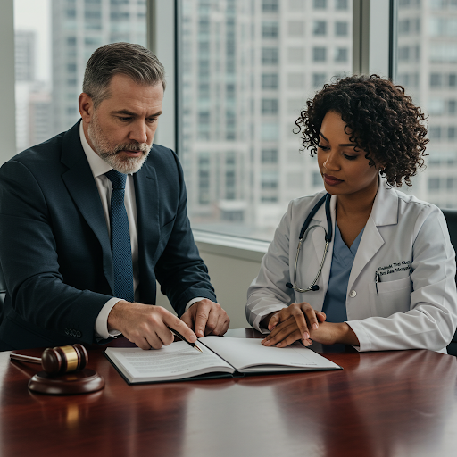 A healthcare attorney discussing legal documents with a doctor selling their practice