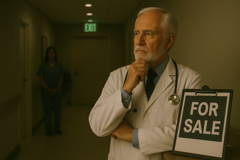 A senior doctor in a quiet clinic looks toward the exit, symbolizing the emotional weight and significance of preparing to sell a medical practice
